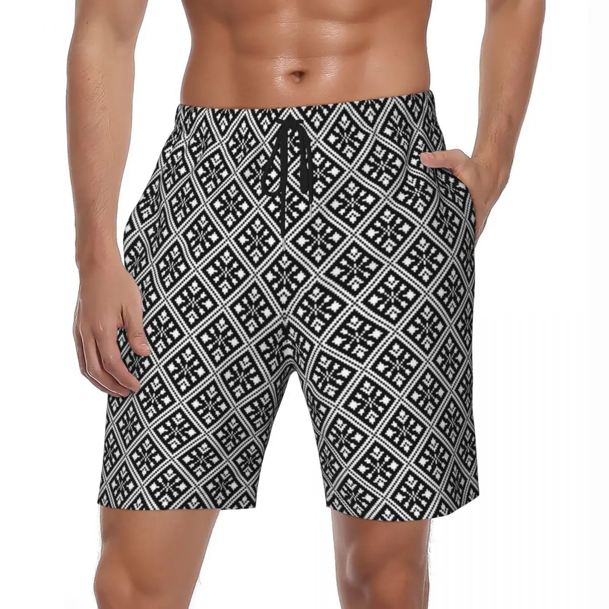 

Black And White Nordic Lines Board Shorts Summer Christmas Snowflakes Classic Beach Short Pants Man Sports Design Swim Trunks
