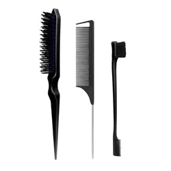 Hair Styling & Teasing Comb Set: Triple Comb & Brush Collection (Black)
