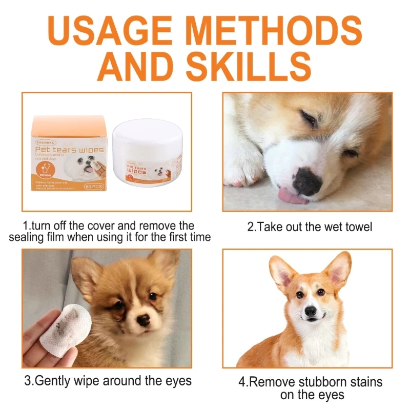 Pet Wipes for Ear Add Aloe Chemomile 60Pcs Tears Remover Wet Pads for Dog pet ear cleaner