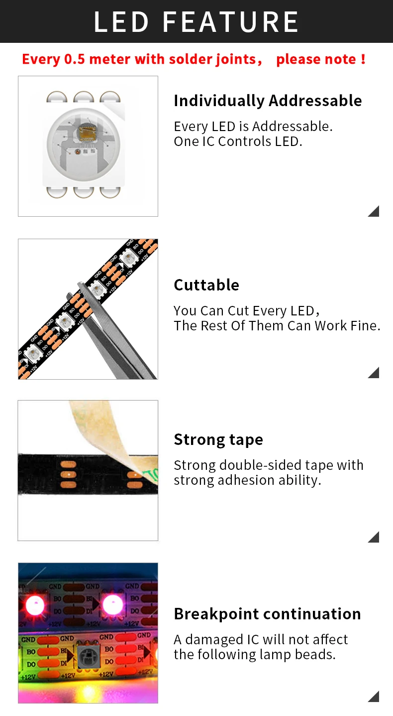 Description Picture 5 of itemDC12V WS2815 (WS2812B WS2813 updated) RGB LED Pixels Strip Light SPI Individually Addressable LED Dual-Signal 60/74/96/144Leds/m