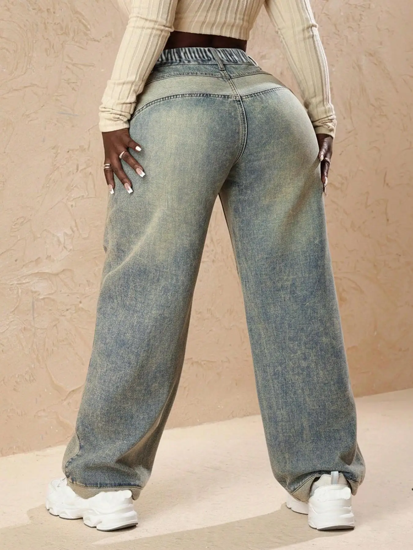 Jean vintage à coutures courbées, taille haute, coupe ample et large, grande taille