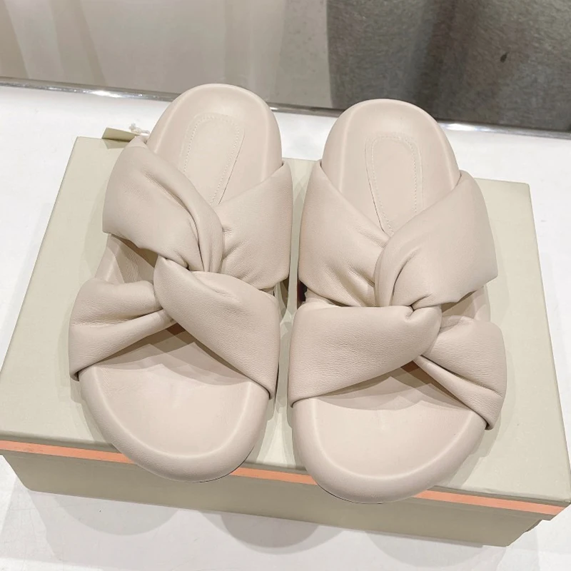 

Open Toe Home Shoes Summer 2024 New Cross Belt Design Wear Resistant Female Sandal Comfort Foot Feel Real Leather Women Slippers