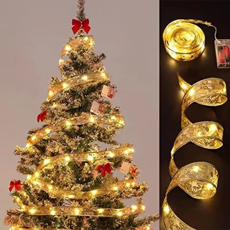 Christmas Decoration Ribbon LED Light String Colorful Light Strip Holiday Gift Bow Silk Copper Wire Light Festive Decor Ornament