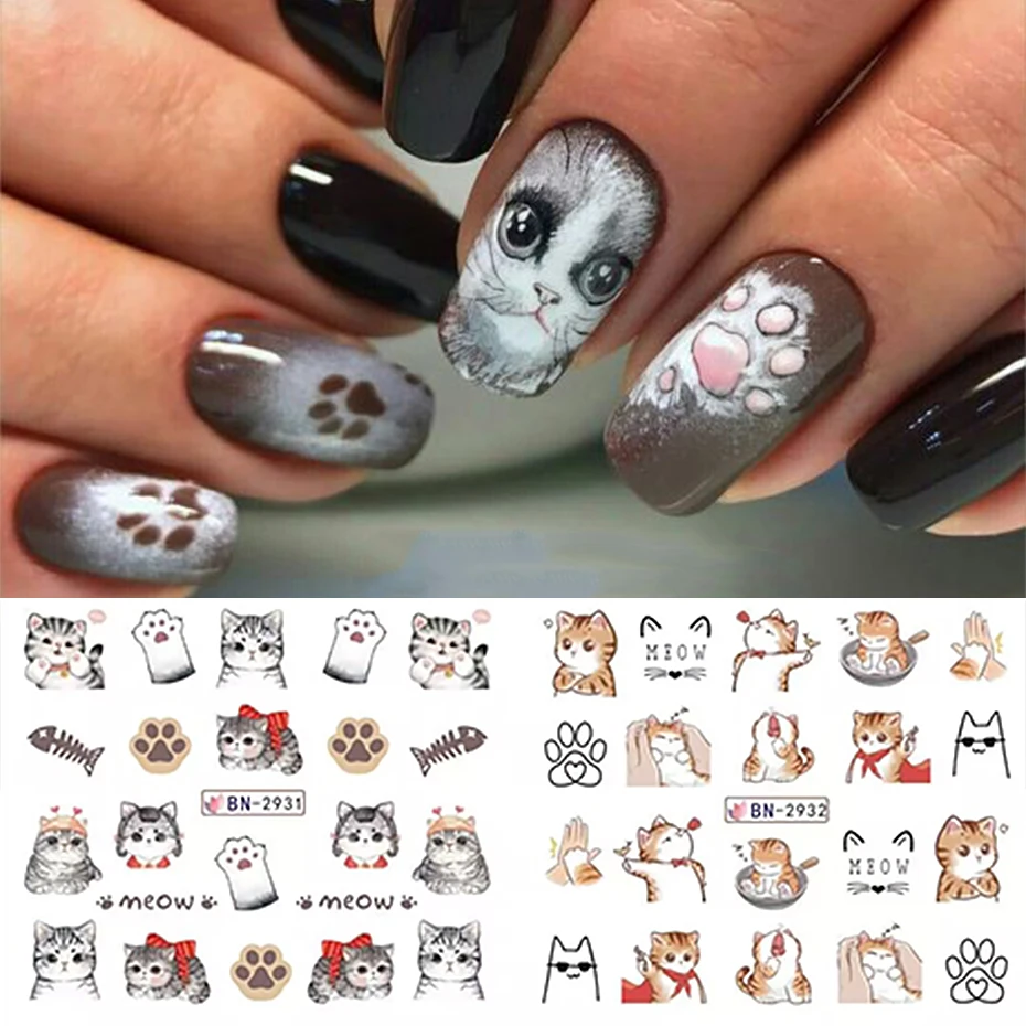 12pcs Nail Stickers nail stickers nail decals nail art decoration Cartoon Cute Cat Stickers Nail Decals Love Heart Anime Childlike Nail Art Water Sliders Tattoo Decorations Manicure