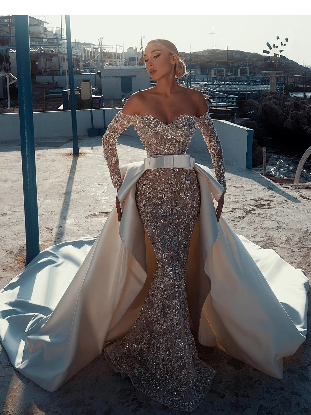 

Женское свадебное платье с юбкой-годе, бежевое кружевное платье со съемным шлейфом и блестками, платье невесты с длинным рукавом, 2023