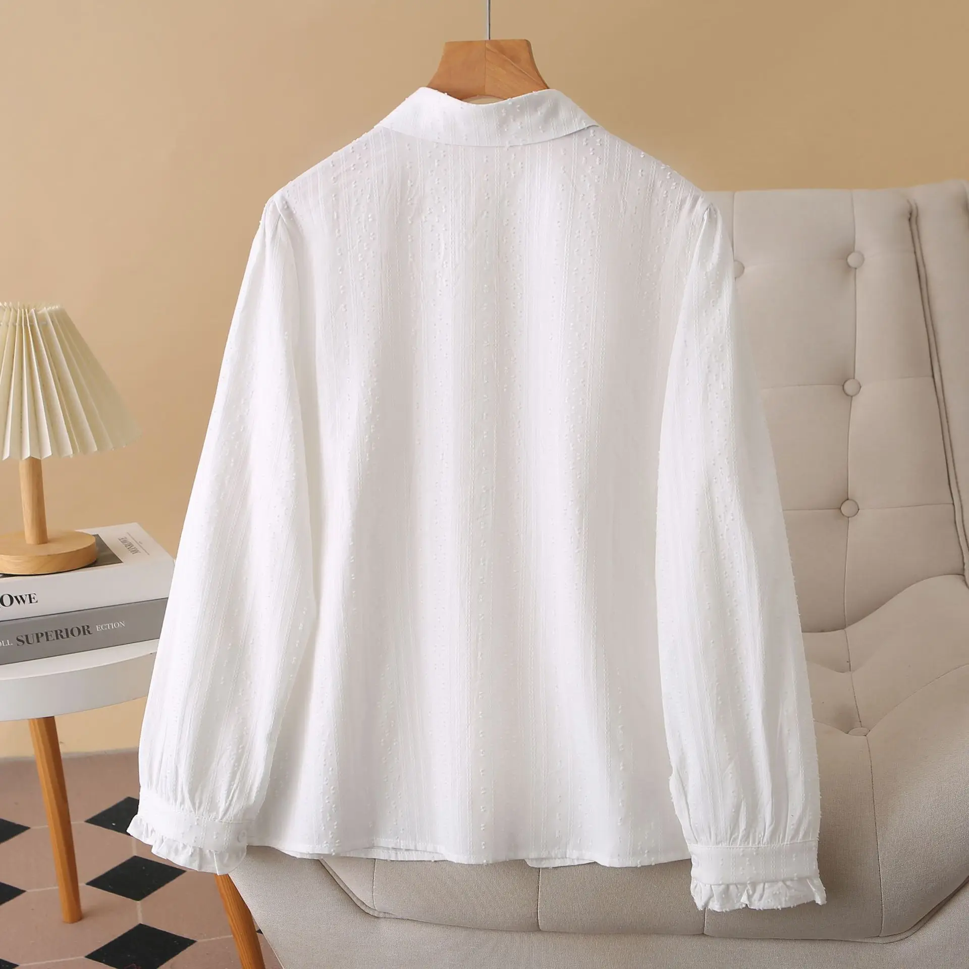 XXXXL Fashion Plus Size Women's Blouses Stylish Long Sleeved Cotton Jacquard Shirt With Ruffled Wear In Autumn 3073