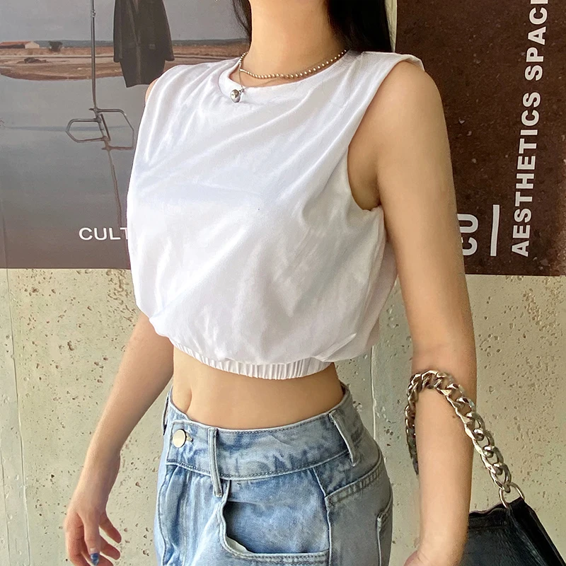 

Solid Cotton Y2K New Fashion Loose All-Match Summer Harajuku Tops Women Sexy Sleeveless Crop Tops Tee Casual Tshirts Streetwear