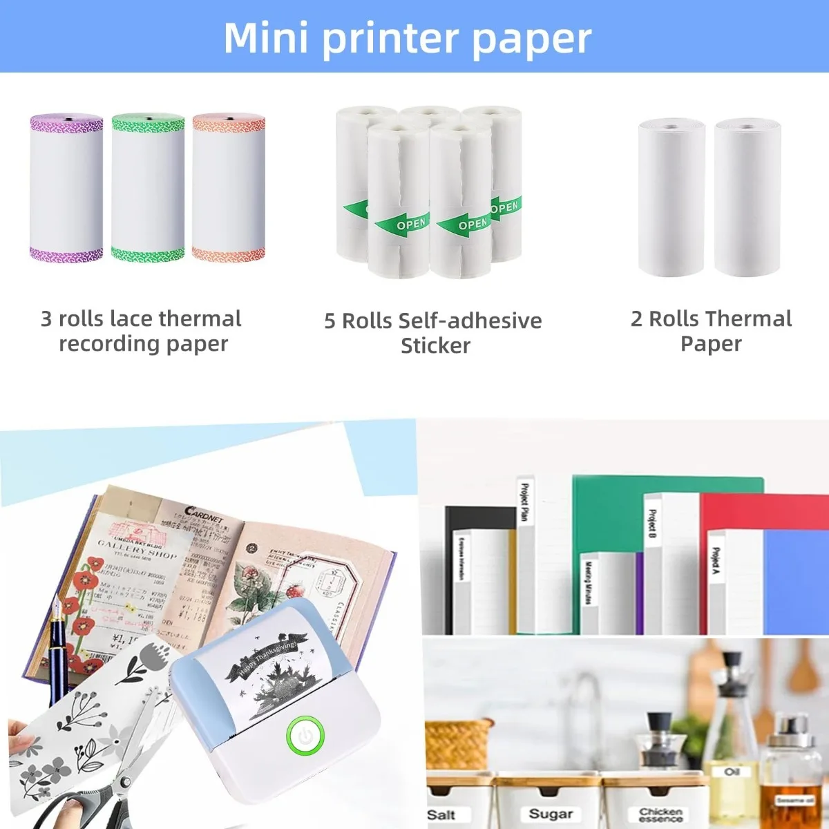 Thermal Paper Self-Adhesive Sticker Paper,for Mini Sticker Receipt Printer,57mmx3.5m,Diameter 25mm for Texts,Notes,Journal Photo