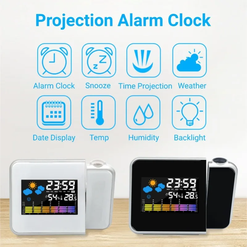 Color Screen Digital Projection Weather Alarm Clock, Electronic LED Adjustable Angle Projection Intelligent Alarm Clock