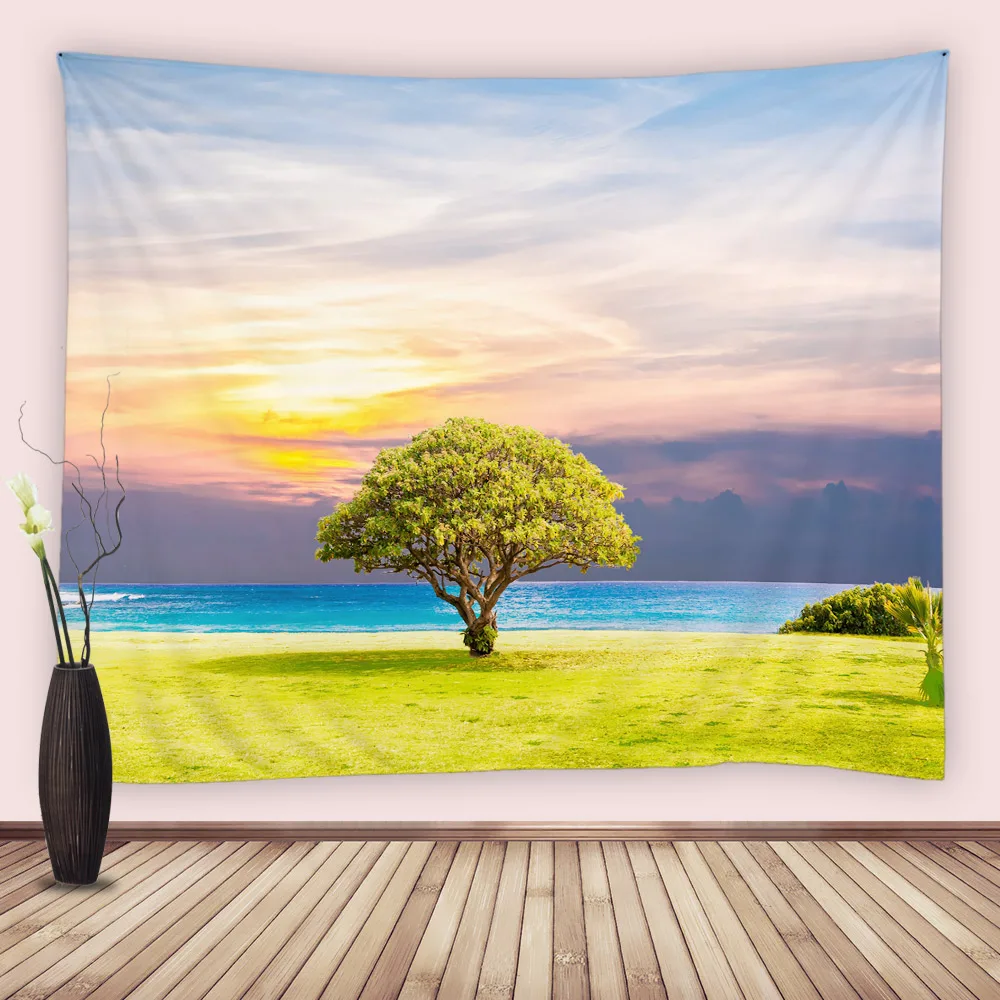 

Blue Ocean Tree Tapestry Green Meadow Grass Natural Scenery Sunset Tapestries Art Wall Hanging Fabric Bedroom Living Room Decor