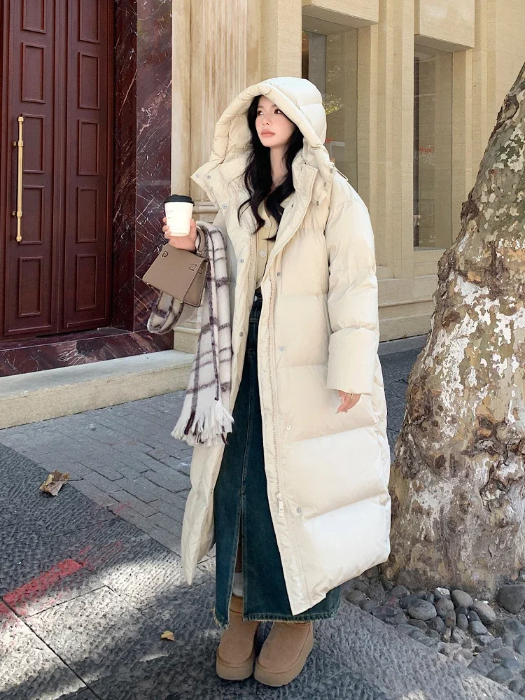 

White Hooded Mid-Length Thickened White Duck down Jacket Coat for Women