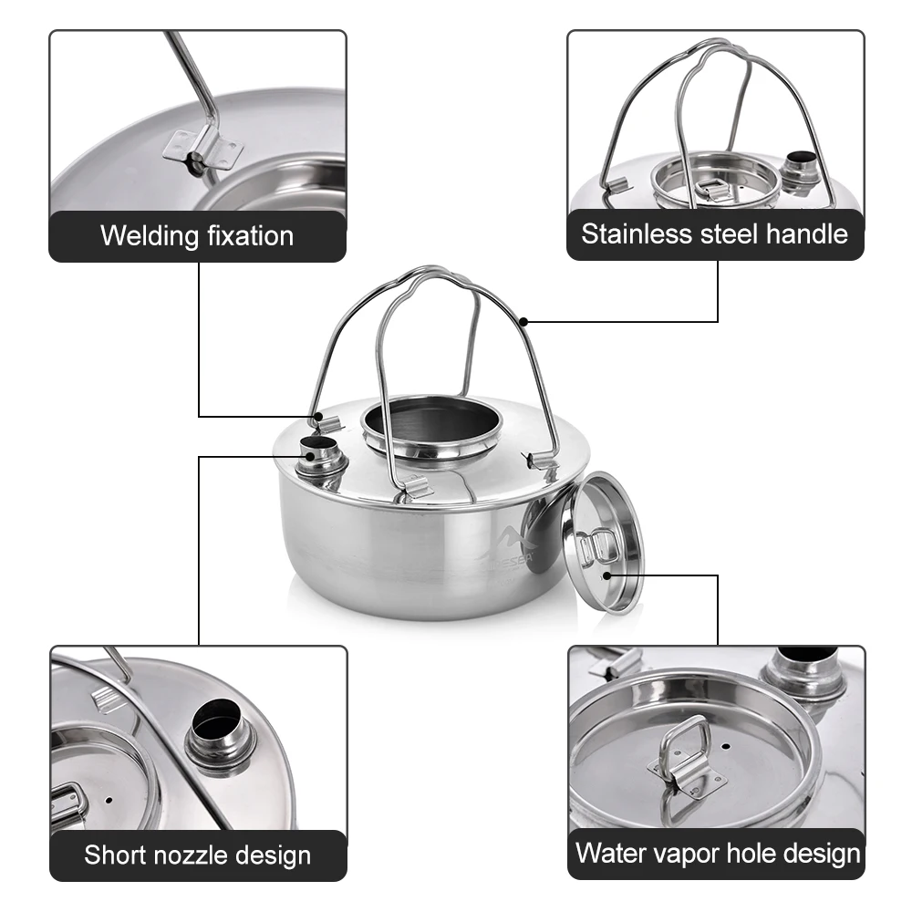 Camping Outdoor 1.7L SS304 Stainless Kettle Steel Short Hole Design Portable Cookware