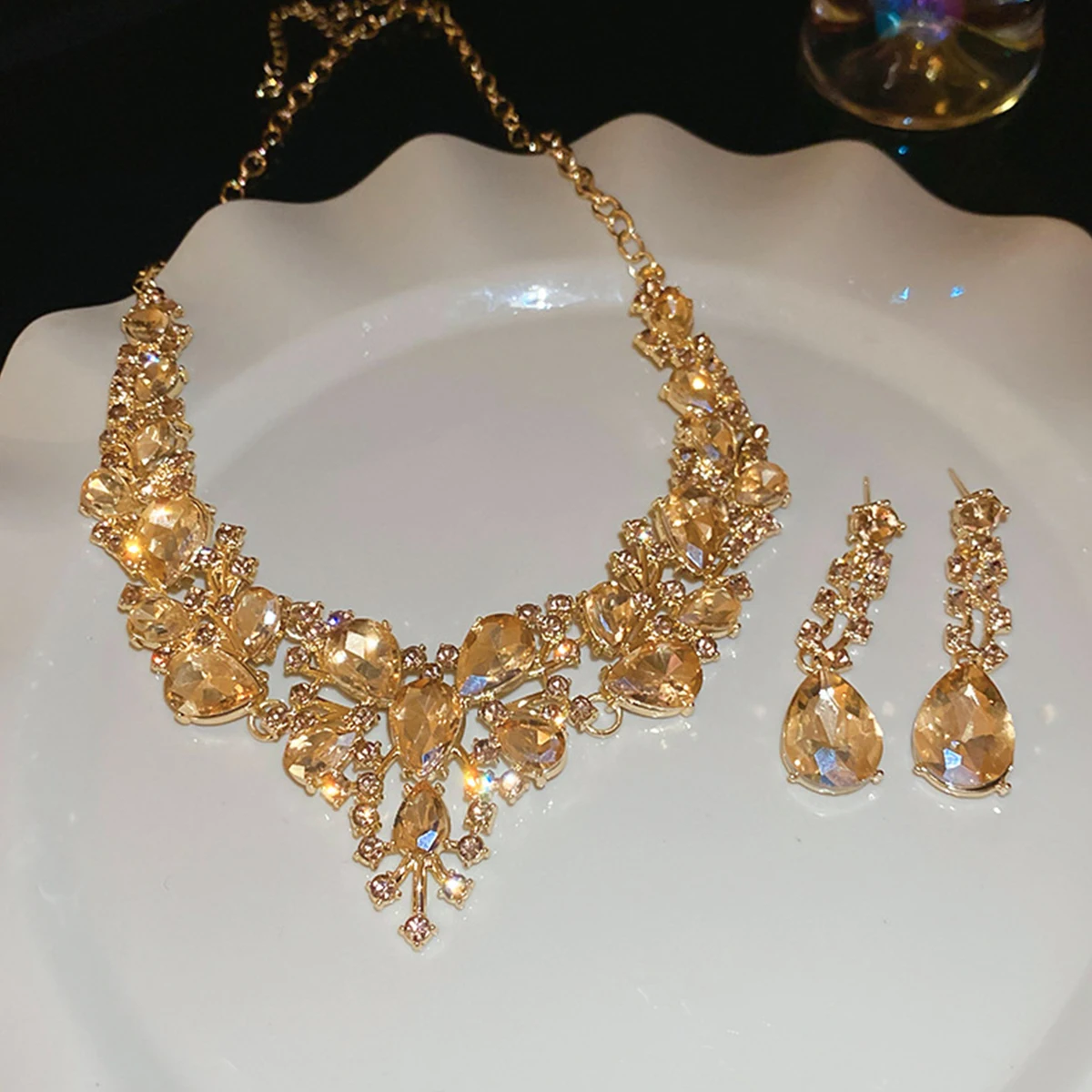 2309235-ddc0de.jpg S5899d886238f4491a3cf2120fd268608Z Light Luxury Water Drops Jewelry Set for Women Flash Crystal Glass Necklace Earrings Set Banquet Wedding Anniversary Accessories Mallzona