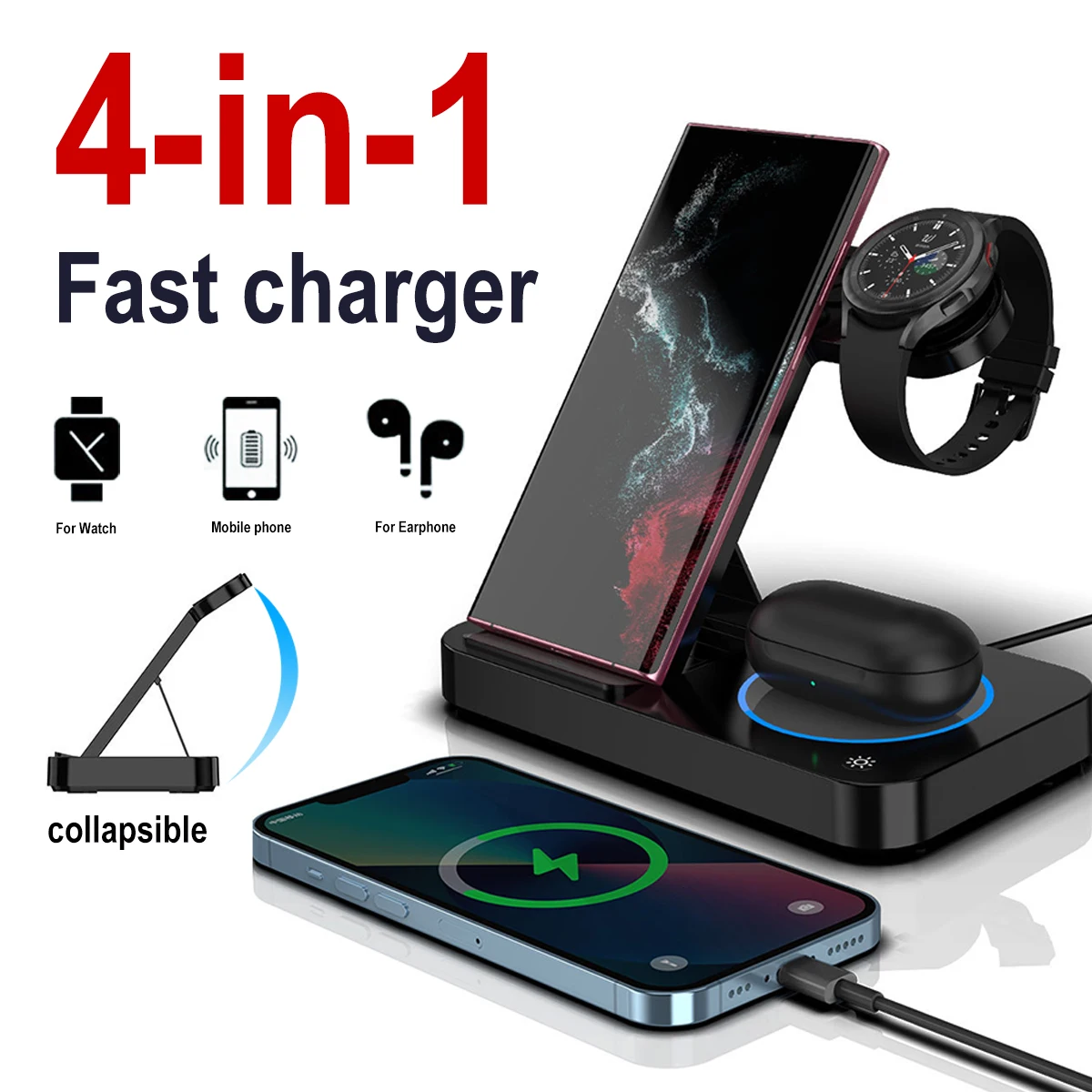 

4 в 1 Складная Беспроводная зарядная подставка для Samsung S23 S22 S21 Galaxy Watch 6 5 4 Active 2 1 Наушники 2 зарядная станция
