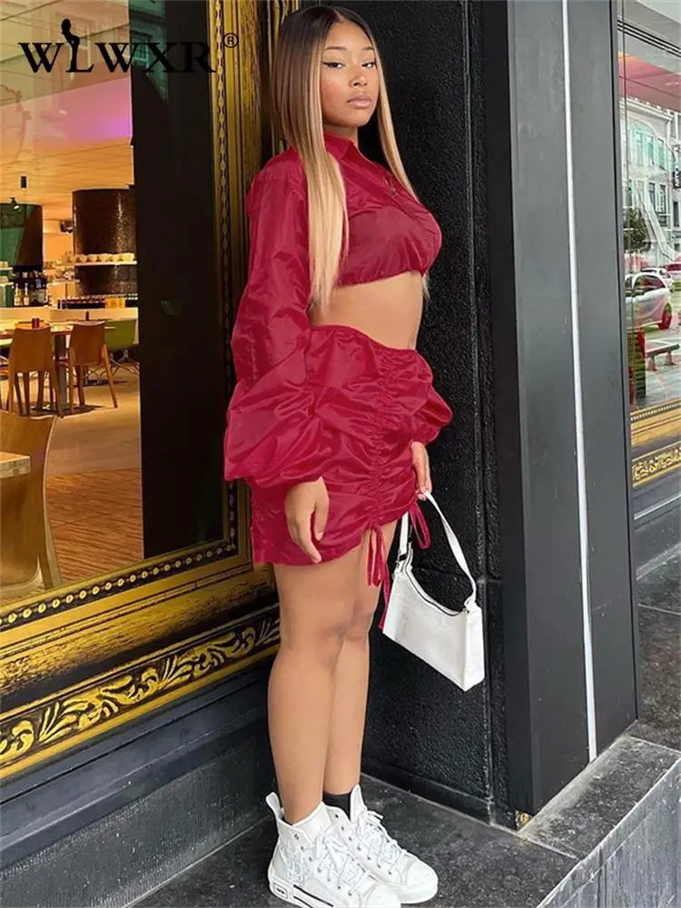 

WLWXR Antumn Casual Tracksuit Two 2 Piece Sets Womens Outifits Long Sleeve Zipper Crop Top Shirring Skirts Matching Sets Female