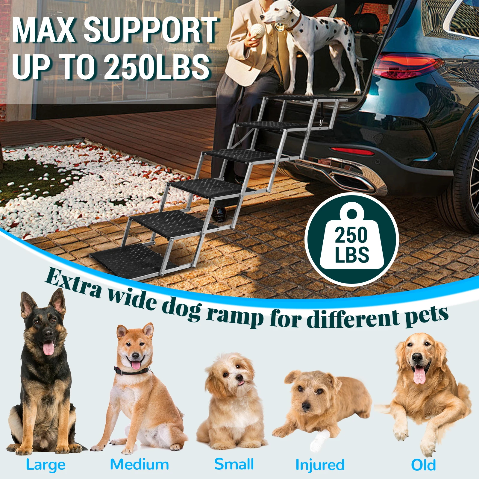 Adjustable Foldable Dog Stairs Set-Stainless Steel Pet Steps for Cars, Trucks & SUVs, Ideal for Medium & Large Breeds