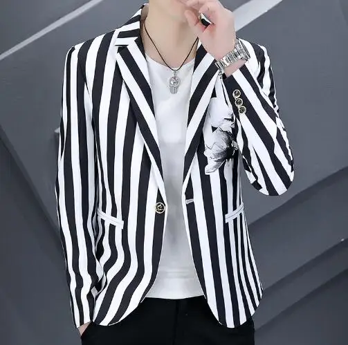 New Men's Black and white stripe Long Sleeves Dress Formal Cotton Blend Slim Fit One Button Suit Jacket Coat 21.99