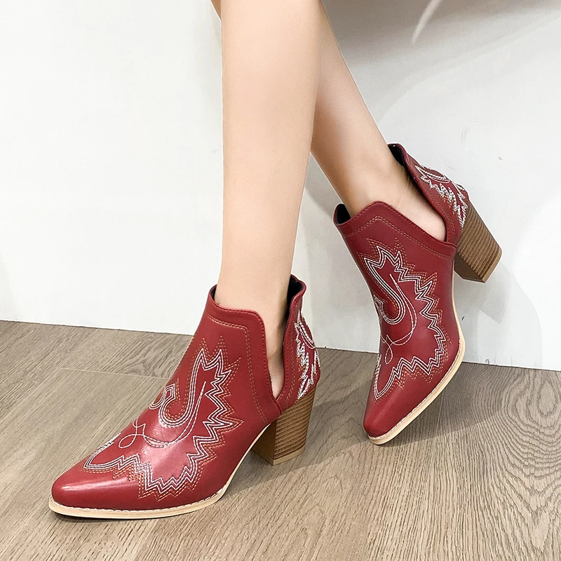 Classic Embroidery Women's Boots 2023 Winter High Heel Ladies Ankle Boots Large Size 43 Casual Western Boots Zapatos De Mujer