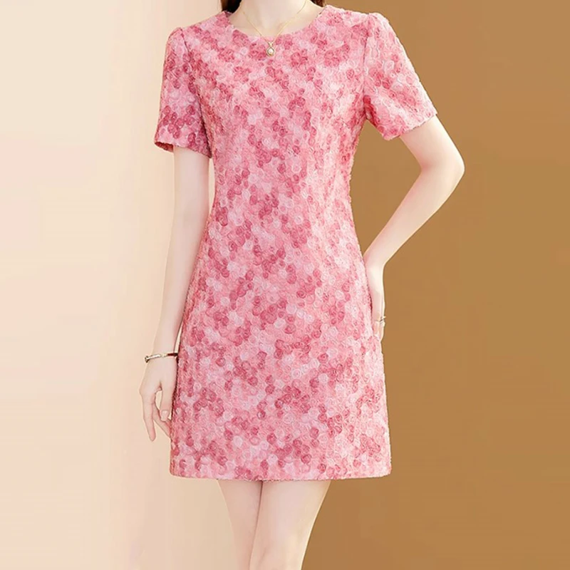 

EVNISI Women Chic Pink Floral Printing Dress O-neck Elegant Office Slim A-line Dresses Party Fairy Vestido For Women 2024 Summer