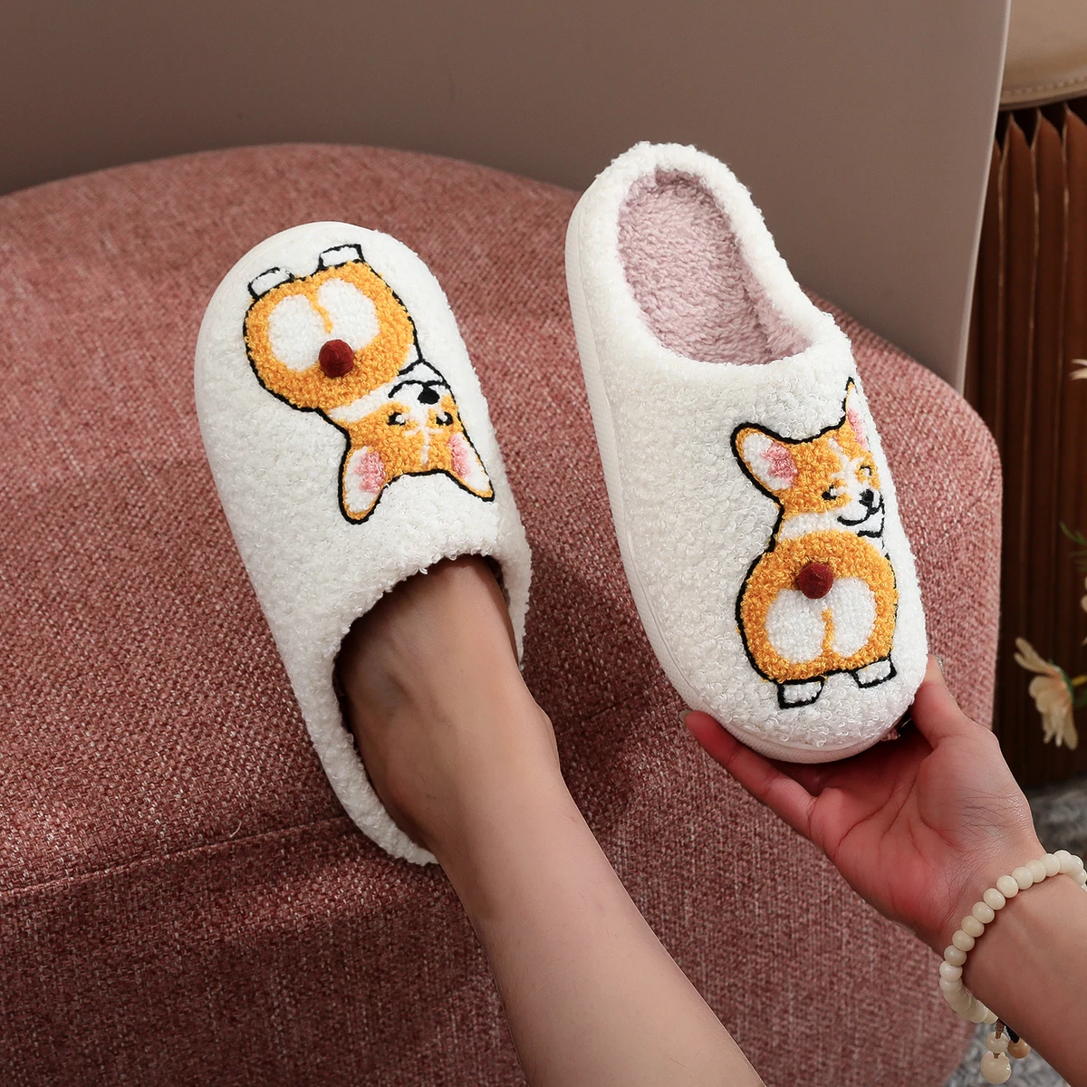 Corgi Dog Pet Pattern Embroidered Plush Home Thick-Soled Comfortable Fuzzy Cotton Slippers Cute Warm Non-Slip Indoor Slippers Pet Mom Gift for Dog Lovers Unisex — view 3
