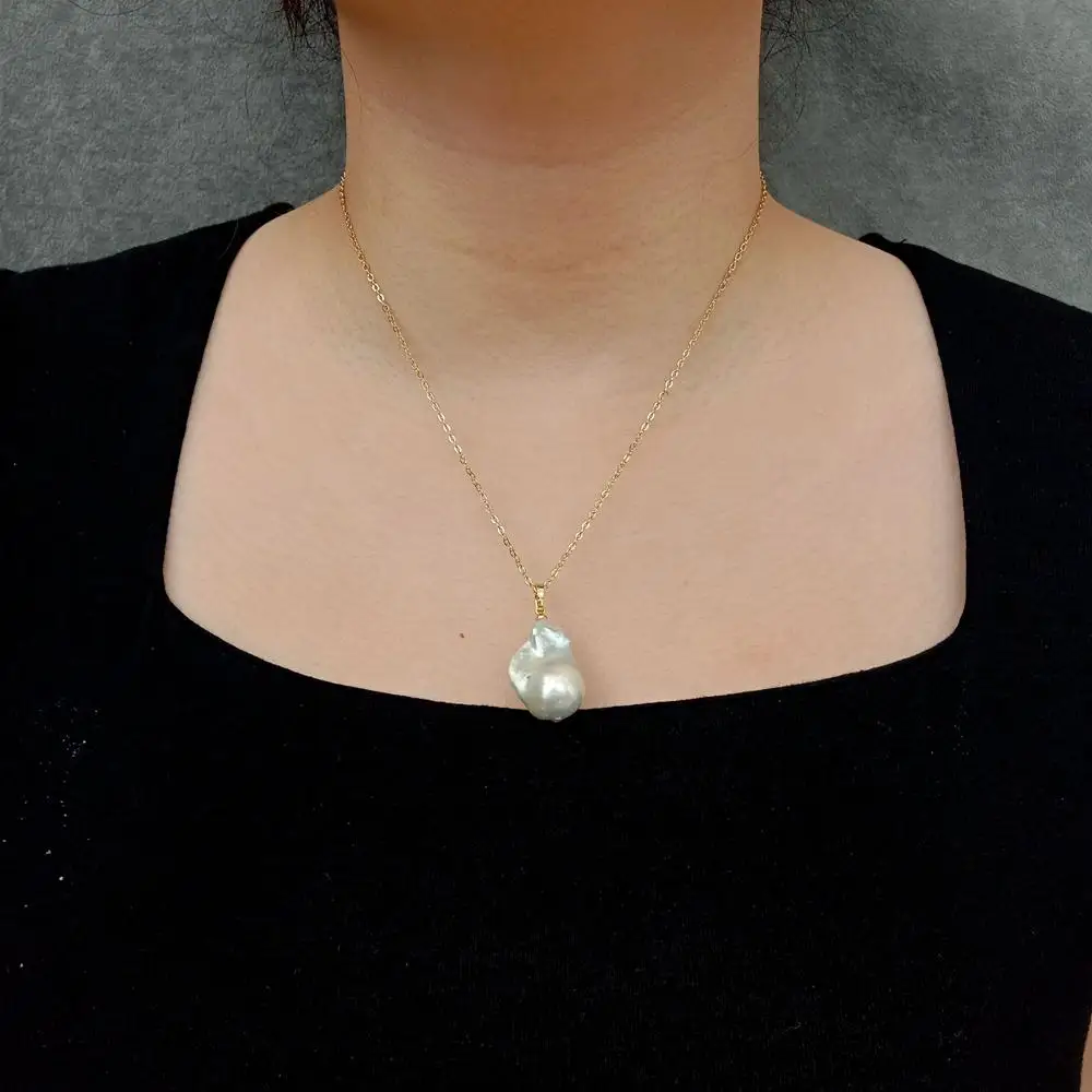 YYGEM 15x23mm Cultured White Baroque Pearl Gold Plated Chain Choker Necklace Women Jewelry
