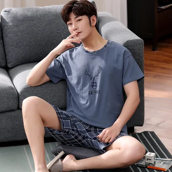남성용 잠옷 세트, 캐주얼 짧은 상의, 격자 짧은 바지 정장, 만화 잠옷, 홈웨어, 패션 PJ, 4XL, 여름