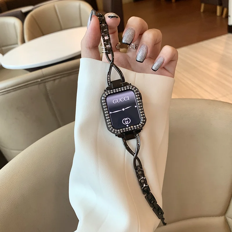 

For Apple Watch 8 7 6 5 Band 49mm 45mm 41mm Ladies Diamond Strap correa iWatch Series 8 ultra Stainless Steel Bracelet with case