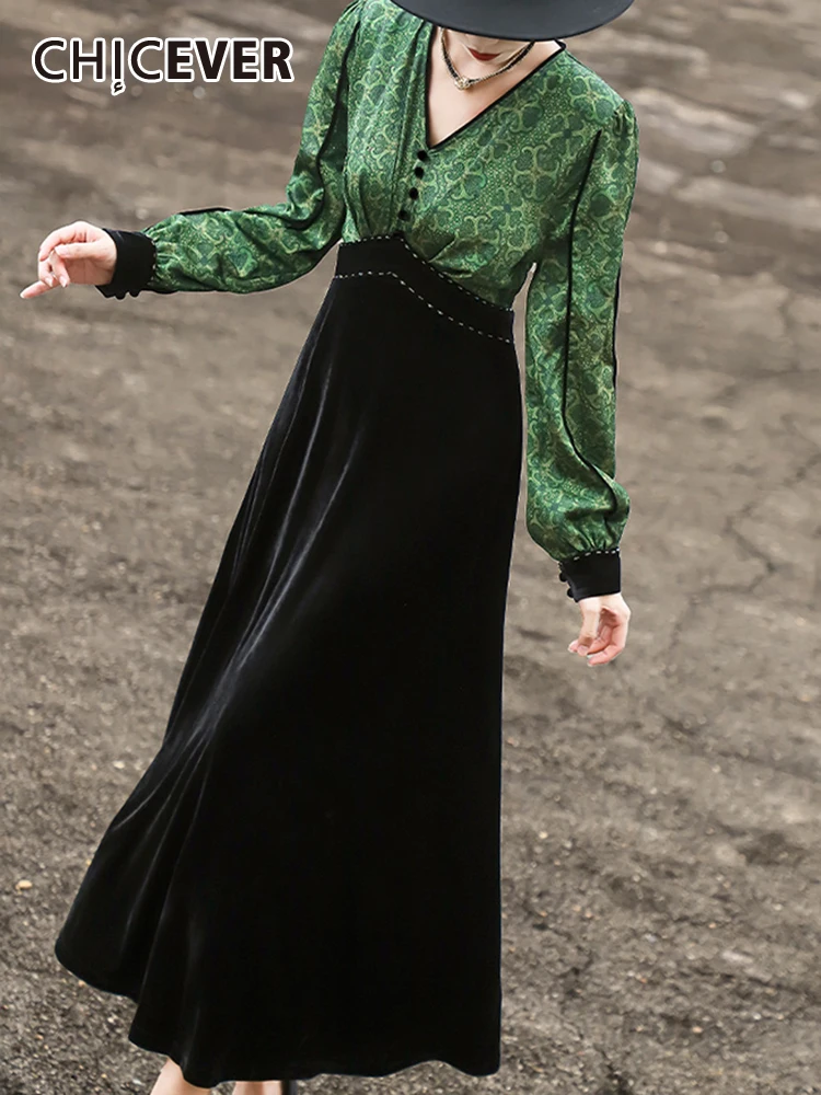 

CHICEVER Elegant Vintage Dresses For Women V Neck Long Sleeve High Waist Patchwork Button Autumn Printing Hit Color Dress Female