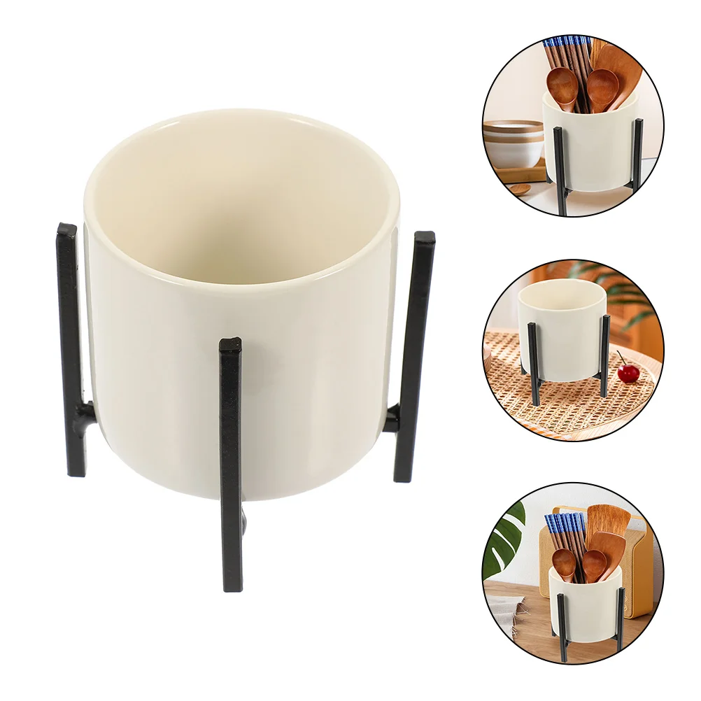 

2pcs Tableware Storage Barrel Ceramic Flatware Cutlery Chopstick Container with Rack