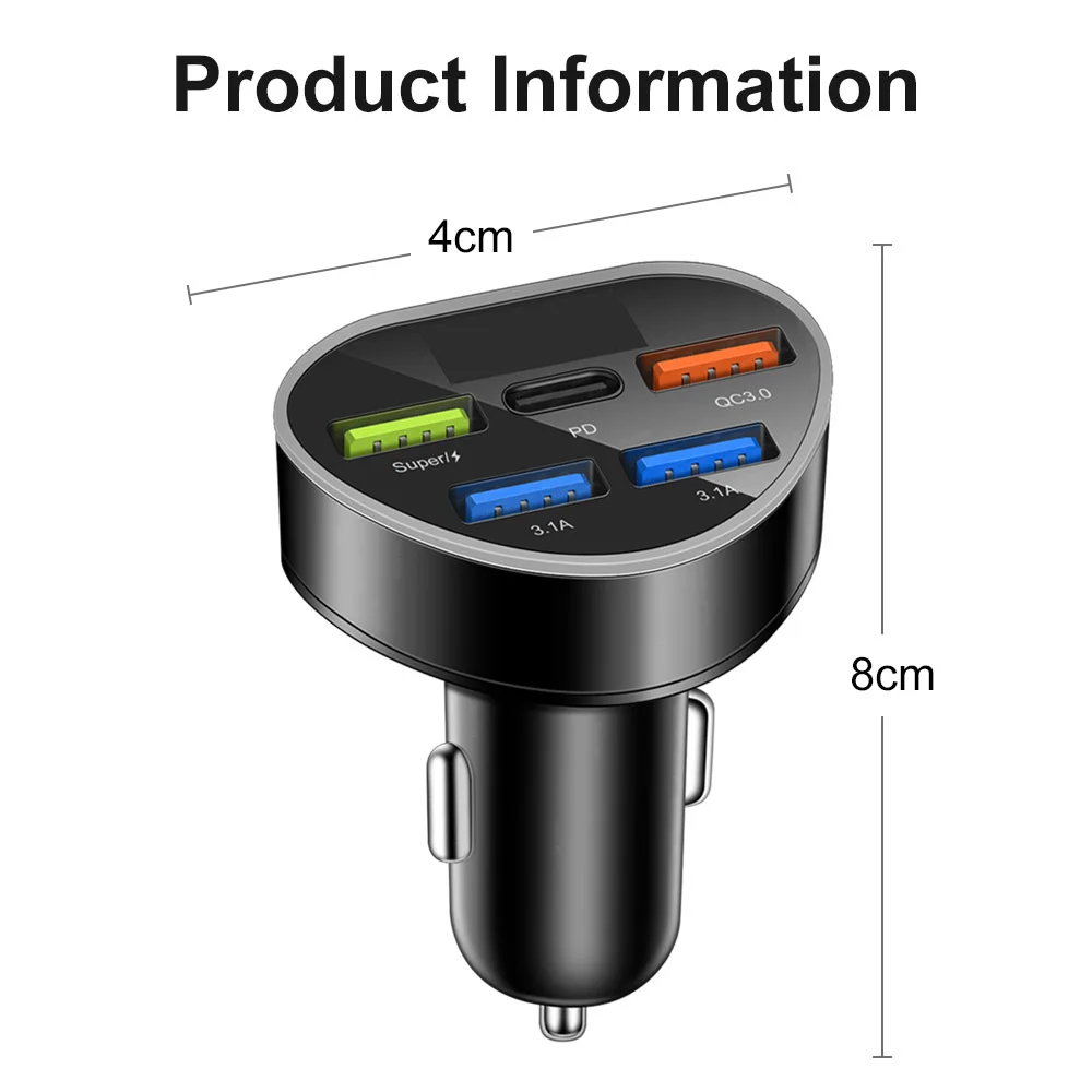 66W USB Car Charger PD Type C Charger With Digital Display 5 Ports Fast Charging For iPhone 15 Samsung S23 USB Charger In Car