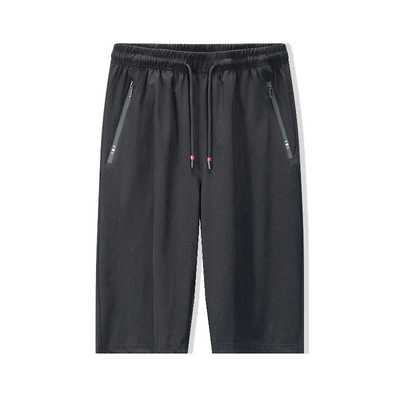 Trendy Casual Sports Summer Thin Men's Shorts Ice Silk Fabric Elastic Waist Drawstring Pockets Zipper Loose Calf Length Pants