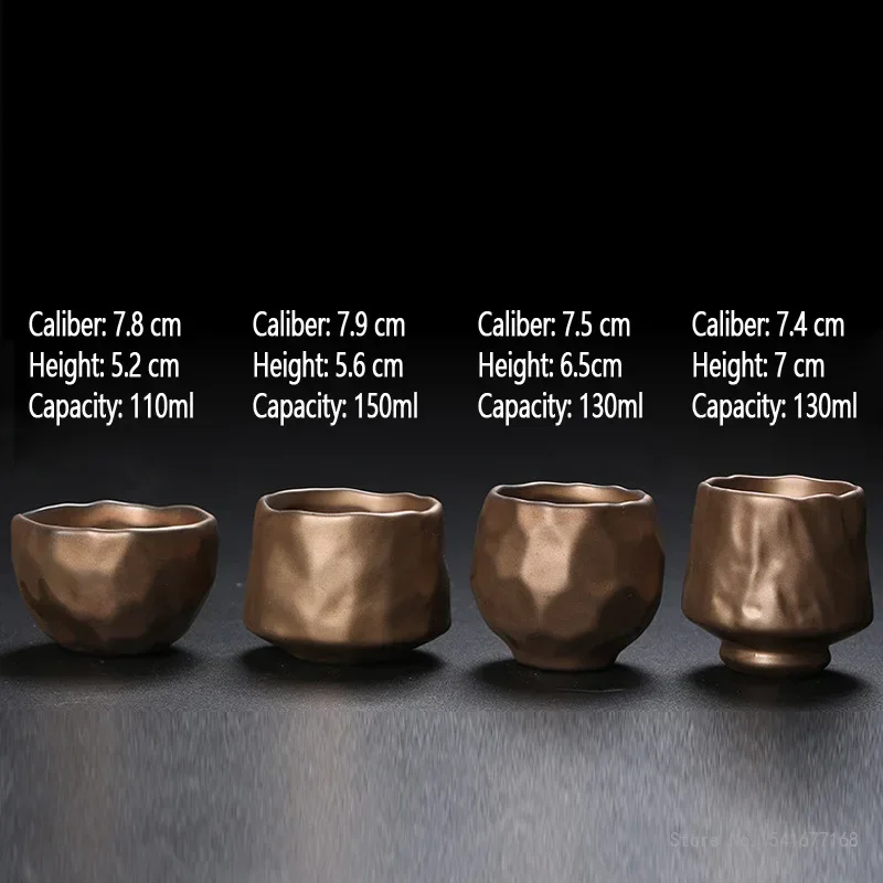 Chinese Style Kung Fu Retro Tea Set, Coarse Pottery, Handmade Ancient Copper Gold Ceramics, Japanese  Coffee Ceramic Teacup, 2Pc