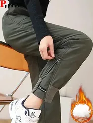 Warm Thicken Side Zip Down Cotton Straight Pant Casual Thick Winter Snow Wear Windproof Pantalones New Fluffy High Waist Spodnie