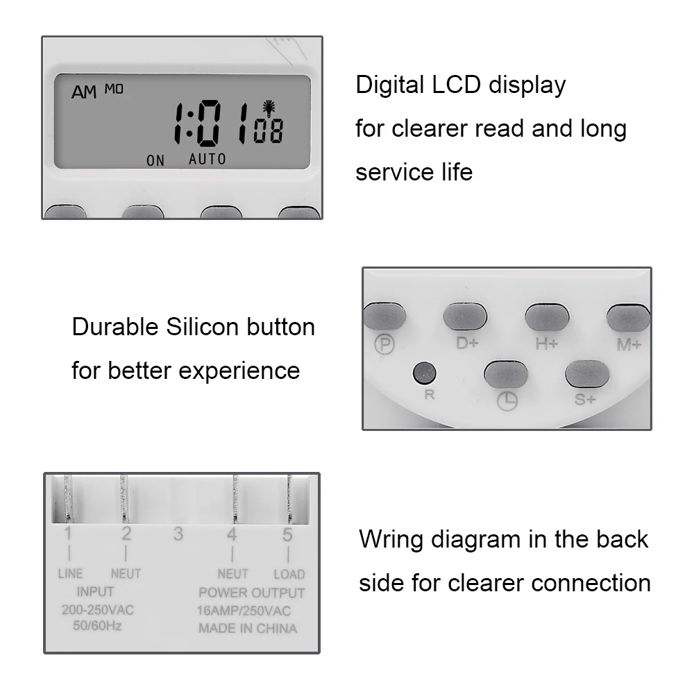 Gaqqee 1 Second Interval 12V 24V 110V 220V Digital LED Timer Switch 7 Days Weekly Programmable Time Relay Programmer CN101S 5