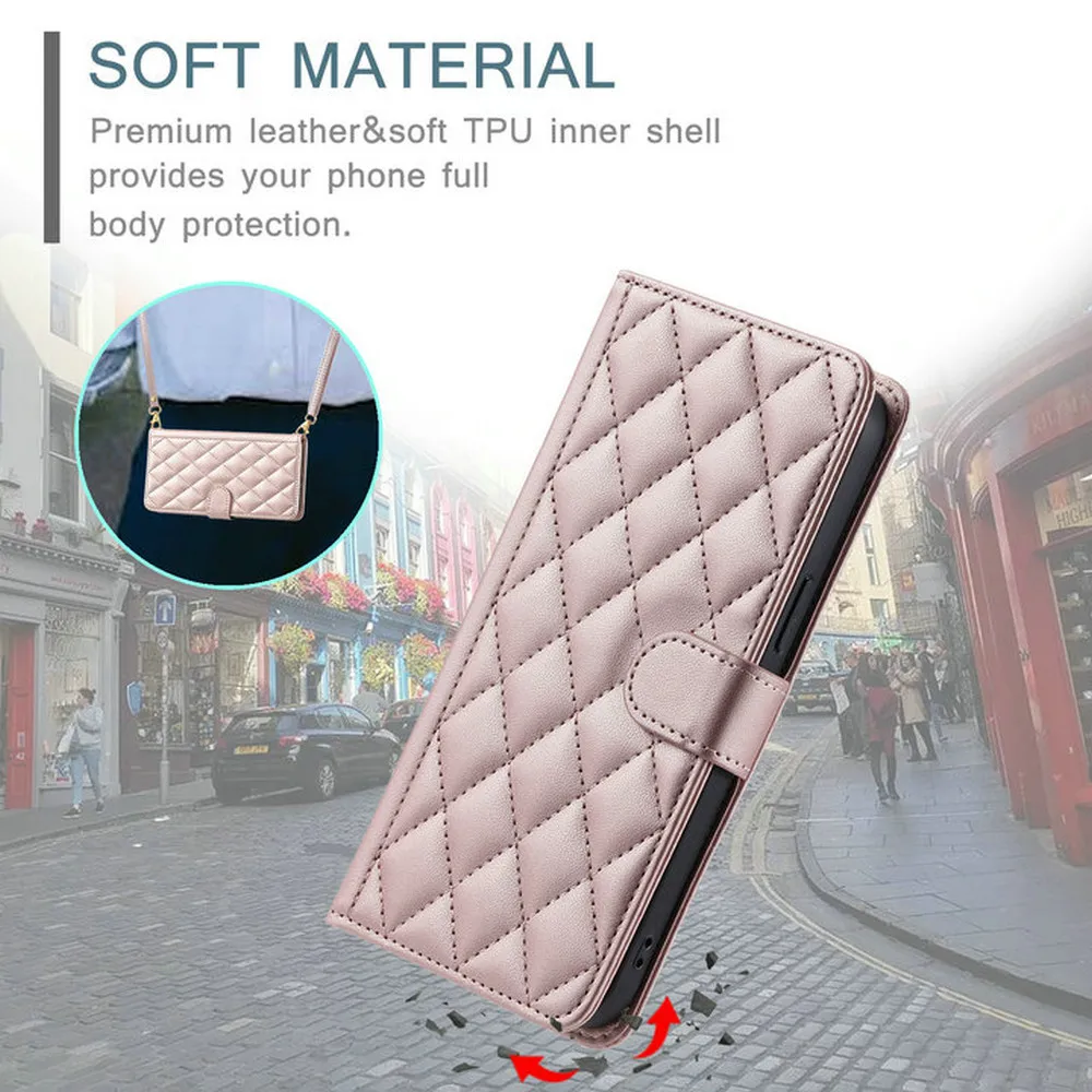 Stylish Checkered Leather Crossbody Wallet Case - Luxury Magnetic Cover
