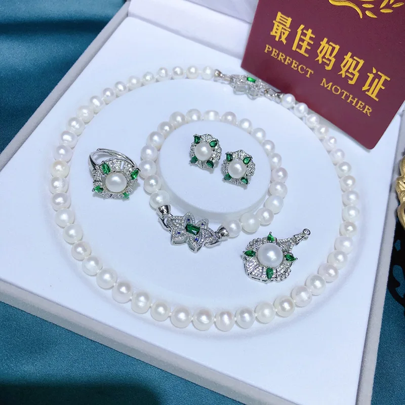 2309483-c417a0.jpg S589bdc47c2a14662b652d48f12d03eef8 One set freshwater pearl white near round 8-9mm necklace bracelet earring ring pendant Mallzona