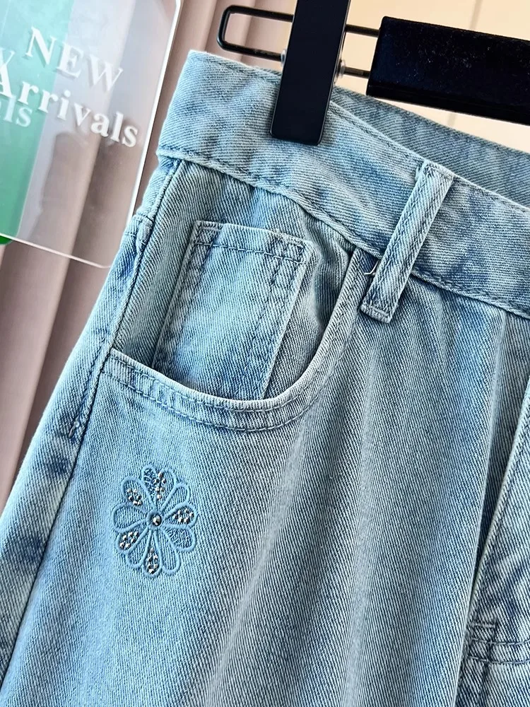 Light Embroidered High Waist Skinny Jeans Women Summer Thin Wide Leg Pants Straight Cut Slimming for Pear aped Body Nine Po...