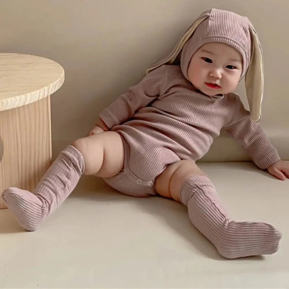 Cotton Solid Rabbit Romper Sets Ribbed Texture Solid Color Bunny Costume 3 Pieces Set Ear Hat Infant Clothes Toddler Boys