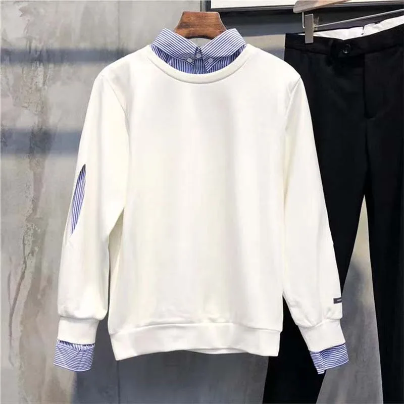 Fall/Winter 2022 New Long Sleeve Shirt Collar Paneled Stripe Fake Two Sweatshirt Men's Korean Trend Knitwear