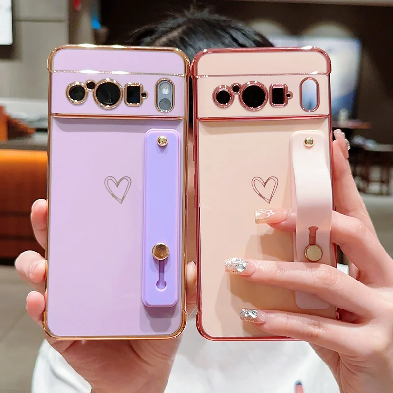 For Google Wristband Phone Case for Pixel 7a 8 Pro Cover Cute Heart Plating Lens Protection Shockproof Soft Bumper_voghion.com