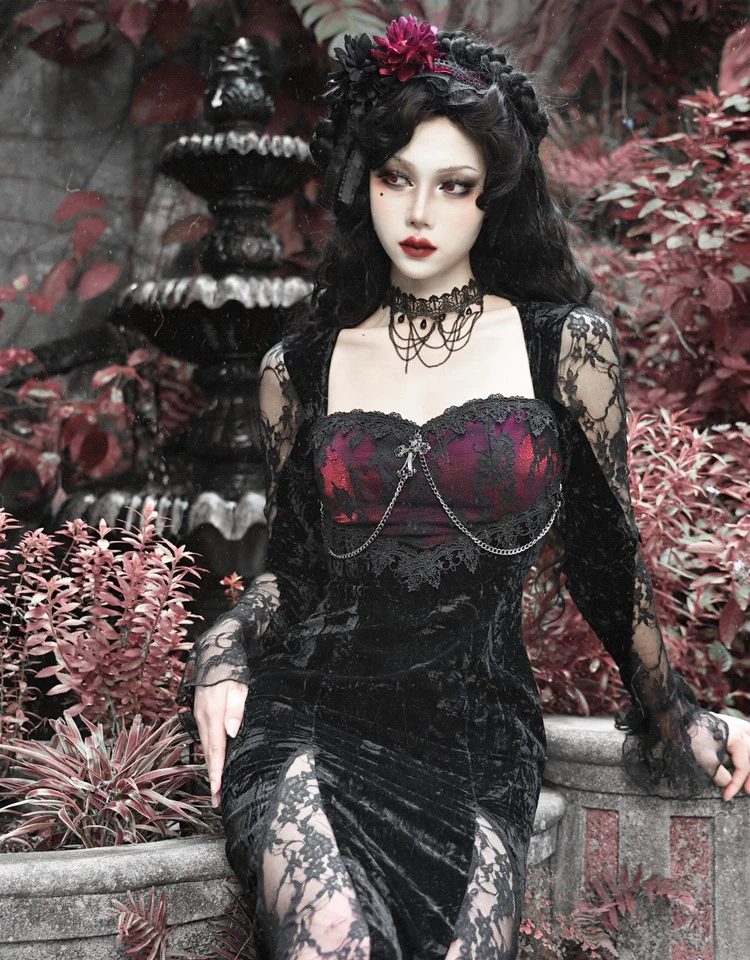 Blood Supply Original Gothic Black Velour Dress Lace Full