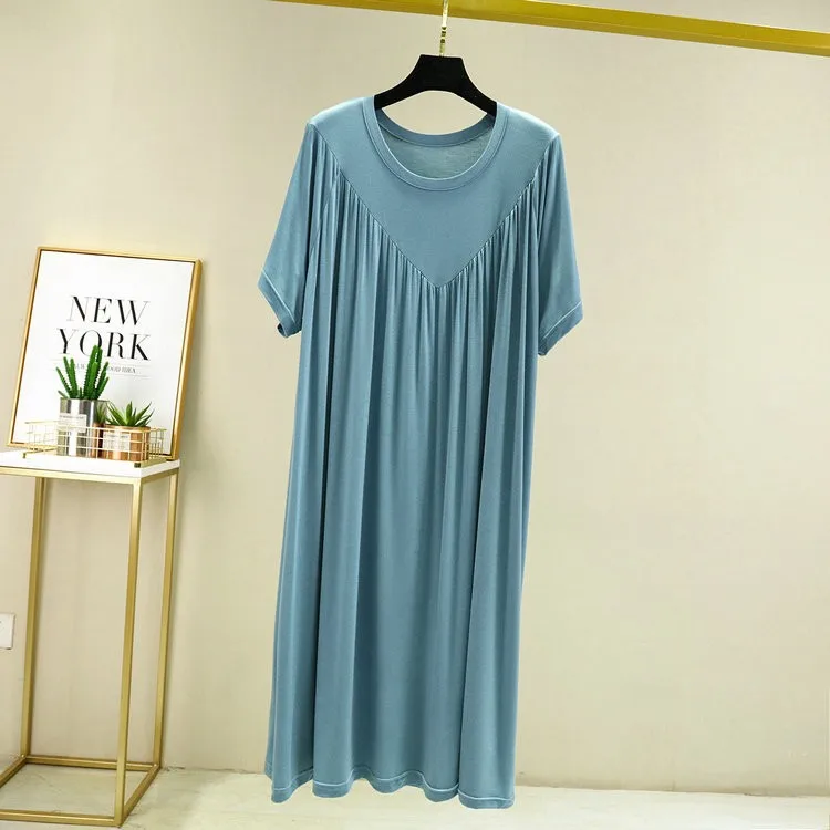 JIAYAN Summer Nightgown Thin Modal Loose Large Size Dress Solid Color Sleep Shirts Women's Pleated A-line Pajama