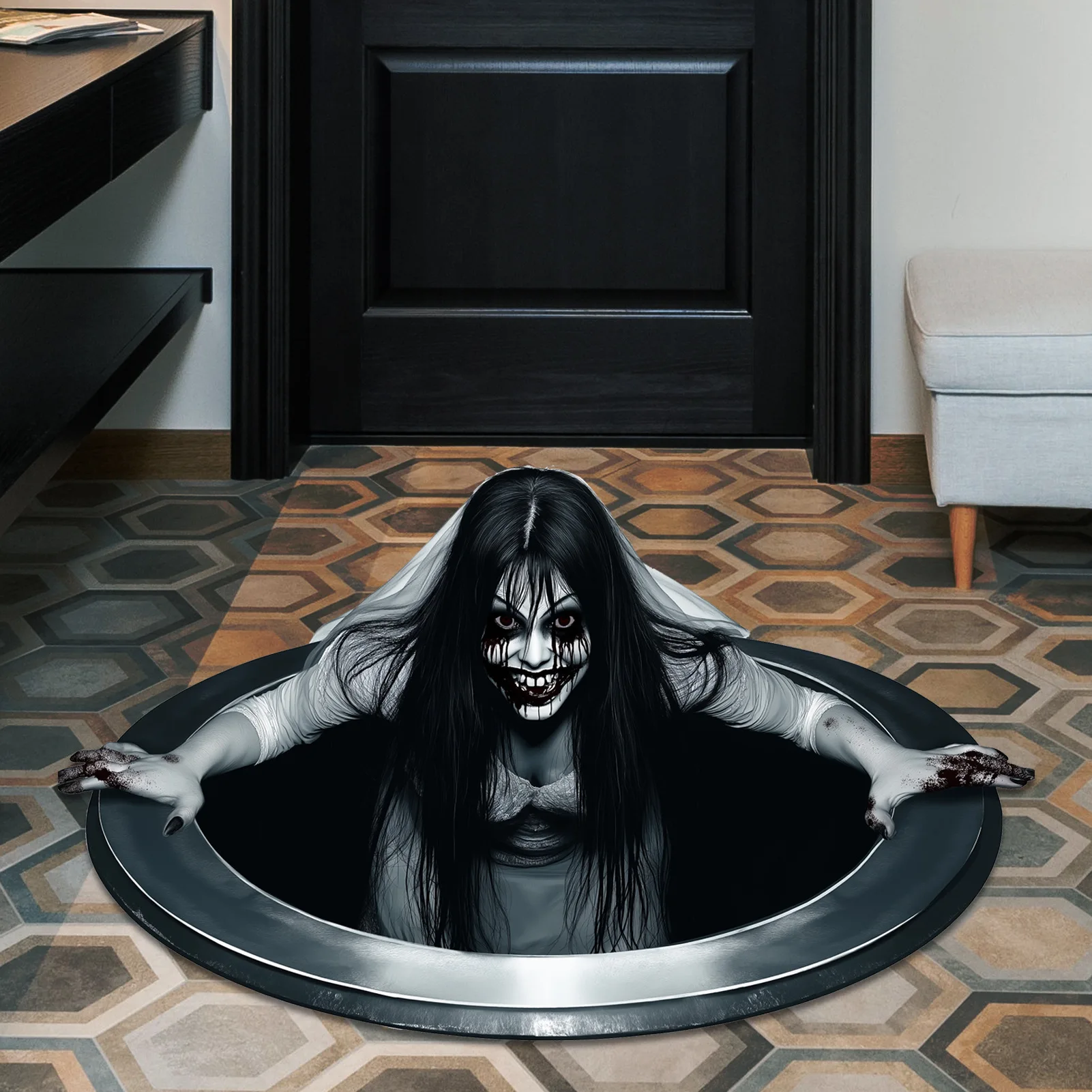 Halloween Floor Stickers - Horror Wall Stickers with Long Haired Scary Halloween Party Decorations Scary Wall Art for Haunted