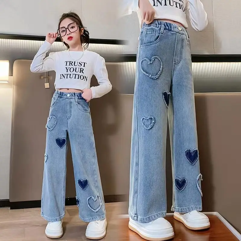 여아용 데님 청바지 바지, 2023 봄 가을 데님, 여아용 캐주얼 스타일 의류, 110-160cm