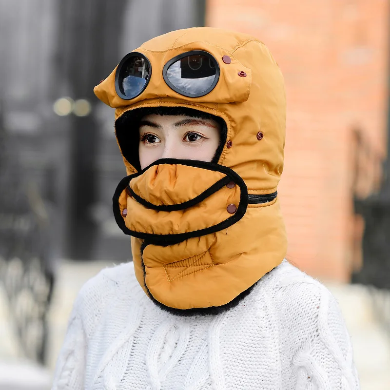 2023 Winter Bomber Hat with Glasses Mask Windproof Hood Pilot