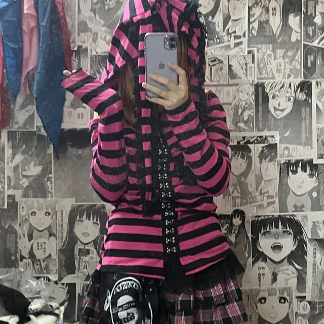 Pink Stripe Punk Lolita Tshirt Women Pastel Goth Kawaii Aesthetic