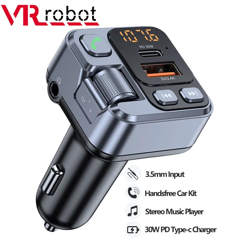 

VR robot Bluetooth 5.1 FM Transmitter Car MP3 Stereo Music Player Handsfree 3.5mm Aux Wireless Car Kit 30W PD USB-C Fast Charger