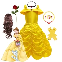 Girls Disney Yellow Belle Princess Dress Party Prom Gown Solid Shoulderless Children Costumes Kids Halloween Carnival Clothes