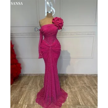 Sansa Customized Rose Red 3D Flower Pleats Prom Dress Slim Mermaid Vestidos De Noche Elegant Floor-Length Evening Dresses 2025