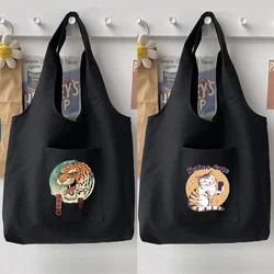 Harajuku Woman Bag Shopping Bag Handbag Commuter Canvas Shoulder Bag Casual Japanese Cat Pattern Printing Lady Vest Bag Tote Bag